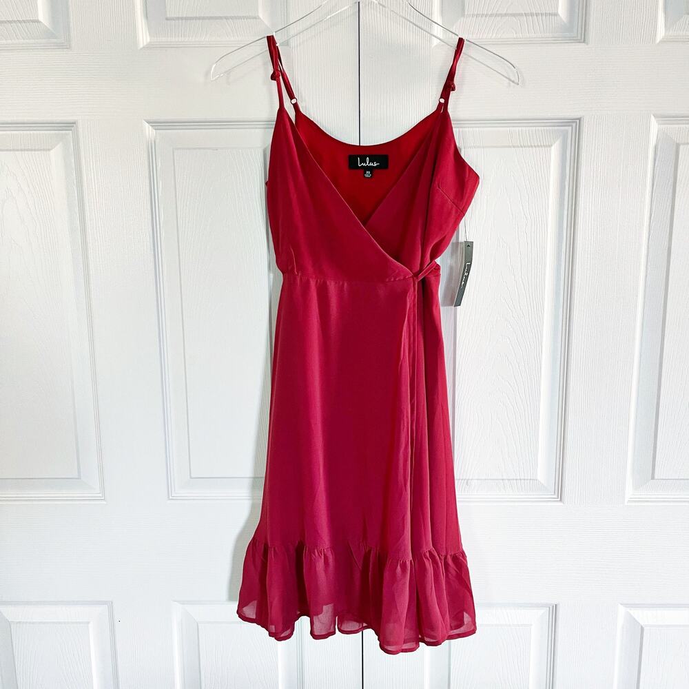 Lulus Red Ruffle Hem Wrap Mini Dress Spaghetti Strap Romantic Date Night Flirty